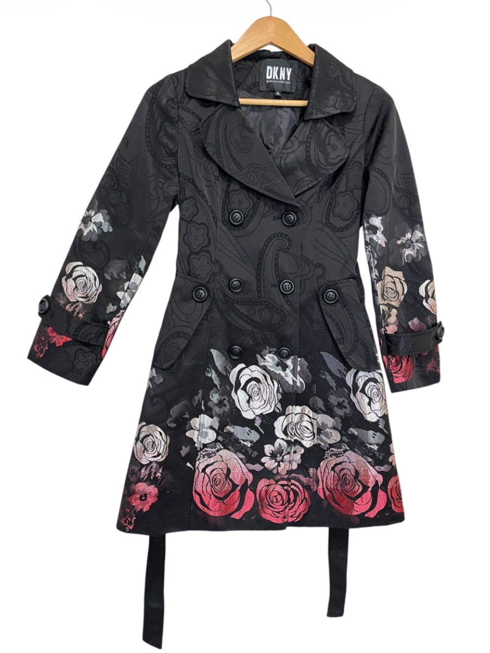 DKNY Black Floral Double-Breasted Trench with Red and White Roses